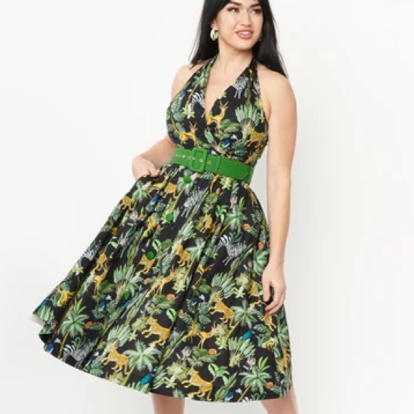 Unique Vintage Dresses & Skirts - Unique Vintage Tropical Jungle Print Halter Dress